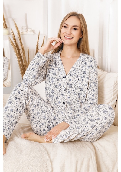 Remsa Kadın Çiçek Desen Suprem Önü Düğmeli Pijama Takımı 0469 Beyaz Beyaz