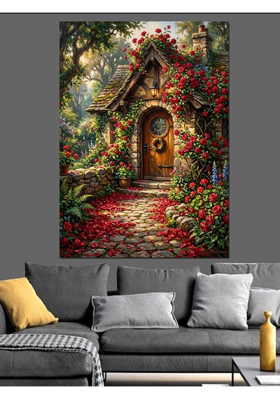 Güllü Kapılı Masal Evi Bahçesi Dekoratif Kanvas - Mdf Ahşap Tablo