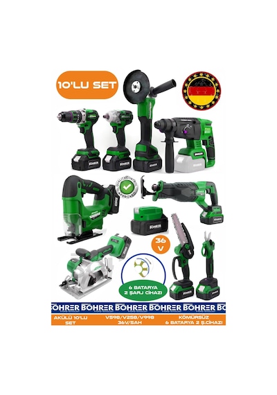 Böhrer Ba01082y 10 Makine Kombo Set 6 Akülü 2 Şarjlı Kömürsüz V598 5ah Profesyonel - Yeşil Green