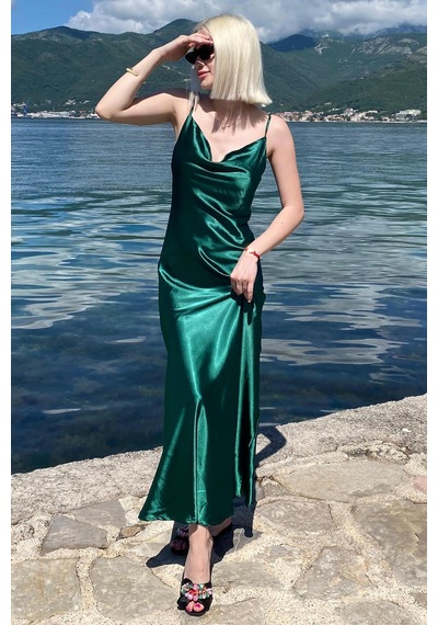 Madmext Mad Girls Yeşil Uzun Saten Elbise Mg1408 Yeşil