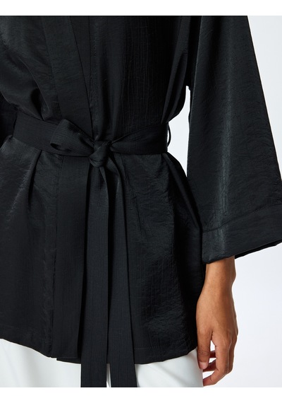 Koton Viskon Bol Kalıp Uzun Geniş Kollu Kemerli Şal Yaka Kimono Siyah 5sak50108uw Siyah