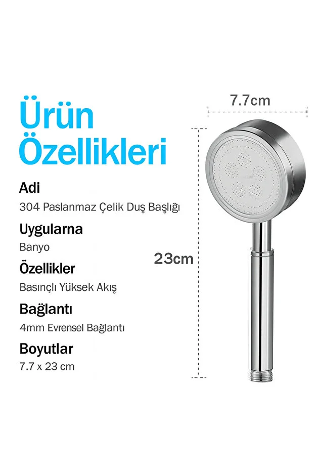 Duş Başlığı Paslanmaz Çelik Su Tasarruflu Geniş Başlık Krom