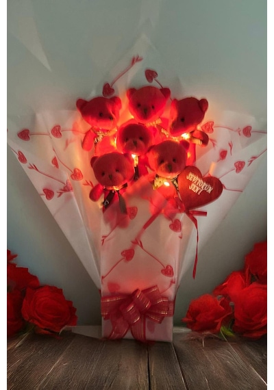 Led Işıklı, Premium Yumoş Kırmızı Peluş Ayıcık Buketi, Sevgiliye, Doğum Gününe Hediye