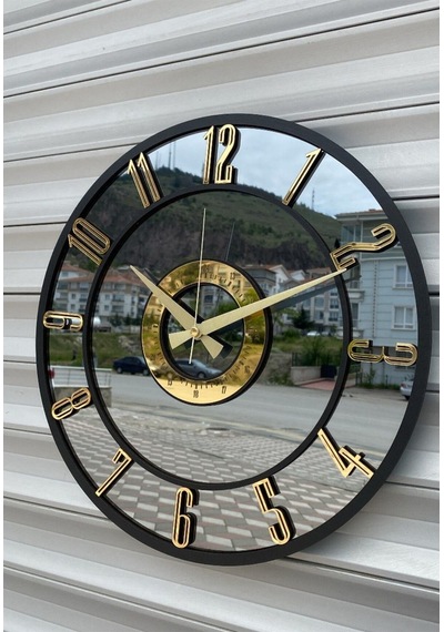 Pey Aksesuar Aynalı Duvar Saati Gerçek Ayna 40 Cm Modern Tasarım Siyah-gold-füme