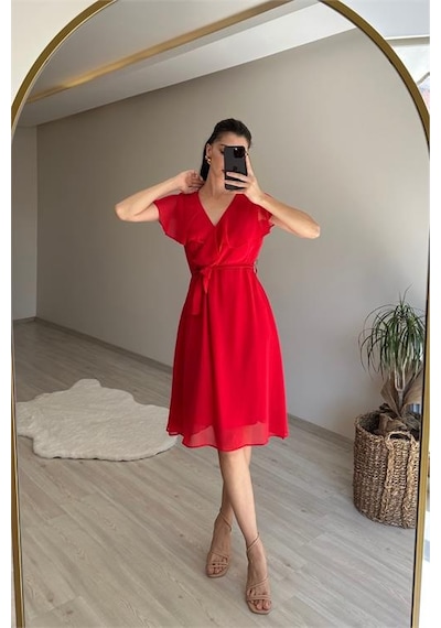 Neşeli Butik Kadın V Yaka Kuşaklı Mini Şifon Elbise Nm007 Kırmızı