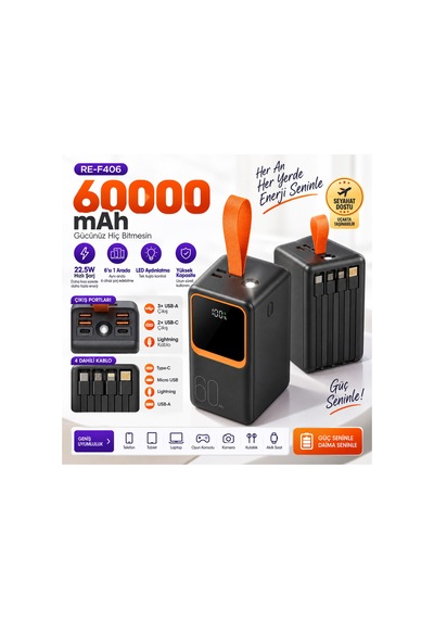 60000 Mah 22.5w Hızlı Şarj Powerbank 6 Çıkışlı Dahili 3 Kablolu Led Fenerli Dijital Göstergeli- Re-f406 Diğer