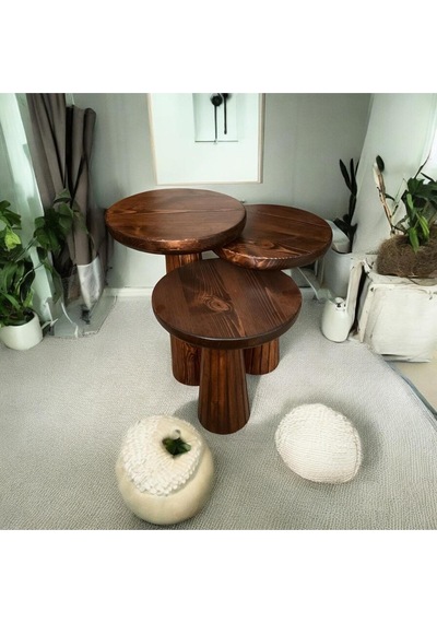 Wood Wooden Ahşap 3 Lü Set Fitilli Mantar Yan Sehpa Modern Kestane Renk Fiskos Kestane