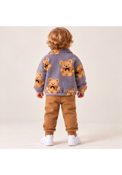 Maxx Kelın Erkek Bebek Ayıcık Desenli Peluş Mont Ve Pantolon 2'li Takım Lila Taba 9-12-18 Ay