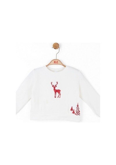 Nk Kids Kız Çocuk Parlak Kırmızı Geyik Desenli Sweatshirt-13488 Ekru