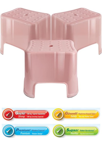 Flora 3 Adet Herkül Banyo Taburesi, Kaydırmaz Kauçuk Tabanlı 200 Kg Taşıma Kapasiteli Lüks Tabure Pembe