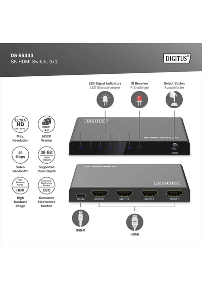 Dıgıtus 8k Hdmı Switch, 3x1 3x1 Hdmı Switch, 8k/60hz 4:4:4 , Hdr, Hdcp 2.3