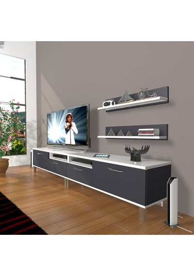 Decoraktiv Eko 220r Mdf Krom Ayaklı Tv Ünitesi Tv Sehpası Beyaz - Antrasit