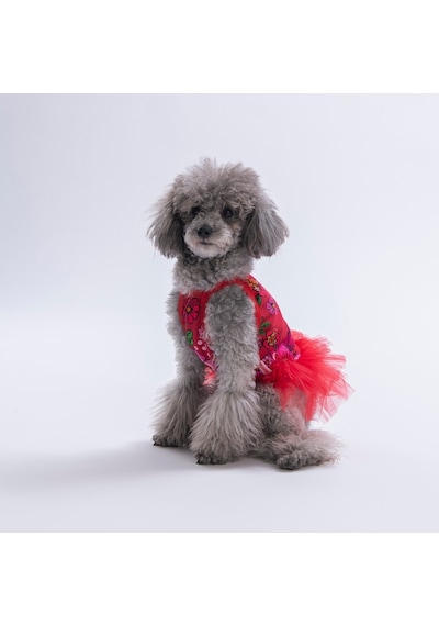 Red Wildflowers Kırmızı Çiçek Desenli Kedi Köpek Elbisesi - Kedi Köpek Kıyafeti