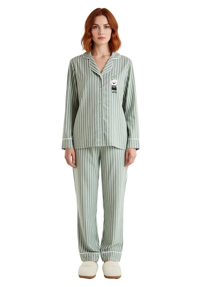 Ersefa Kadın Gömlek Yaka Çizgili Pamuklu Pijama Takımı Penguen Detaylı F Mint