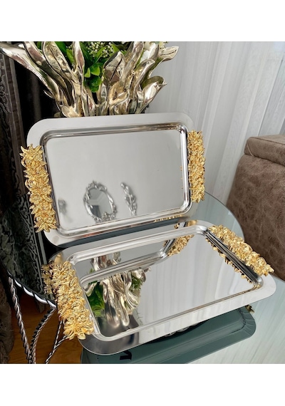 Atabey Home Collection 1 Adet Tekli Kahve & Çay & Sunum Dikdörtgen Büyük Sunum Tepsisi Çelik Gül Model Gold 30 Cm