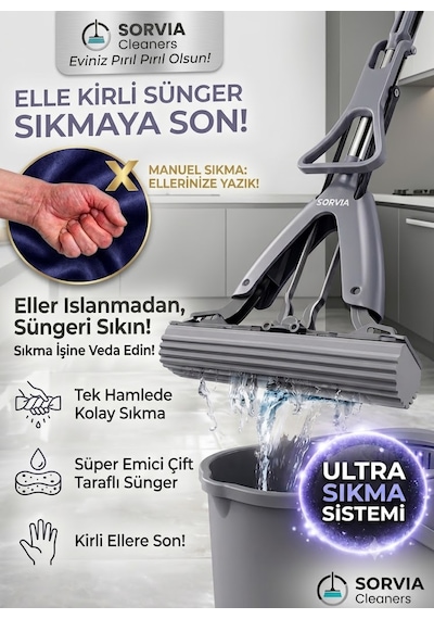 Kelebek Mop Kendinden Sıkmalı Pva Sünger Mop 124 Cm Çelik Saplı Yer Silme Ve Zemin Temizlik Mopu Kıl Tüy Toz Toplayan Temizlik Seti