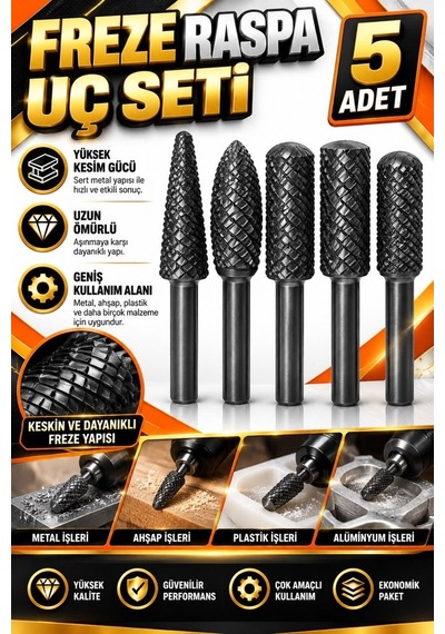 Karbür Freze Uç Seti 5 Parça 6 Mm Şaft Metal Ahşap Alüminyum Pl