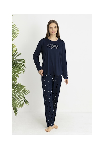 Estiva Kadın Kalp Alt Desenli Soft Uzun Kollu Pijama Takımı Lacivert