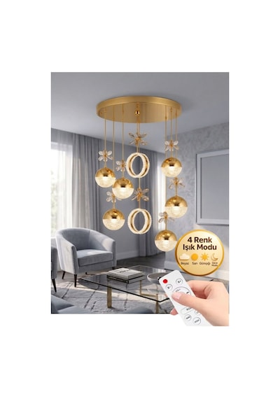 LumiaLighting Lüxe Model 8'li Gold Kumandalı 3 Renk Modu Ledli Kristal Taşlı Modern Salon Mutfak Oturma Odası Led Avize Altın