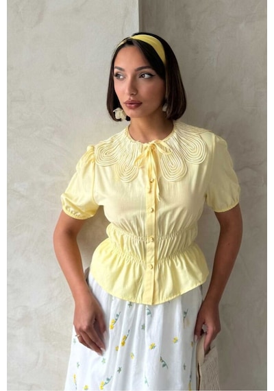 Verymoda Yaka Detaylı Büzgülü Gömlek D2842 Sarı