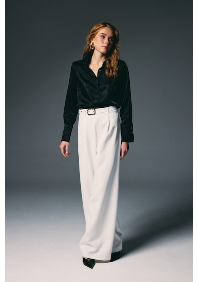 Sateen Kemerli Bol Pantolon - Ekru-136822 Ekru