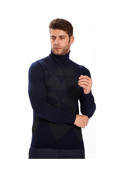 Ecer Erkek Triko Kazak - Geometrik Desen - Uzun Kol - Minimalist Lacivert
