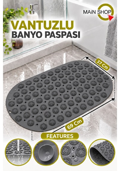 Vantuzlu Banyo Ve Duşakabin Kaydırmaz Paspas, Küvet İçi Masaj Etkili Mat 37x69 Cm M-142 Gri