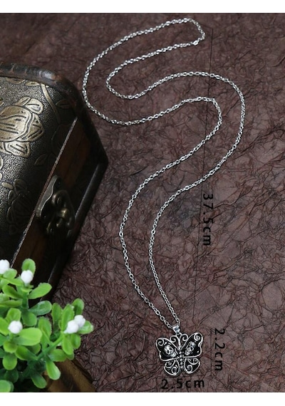 Retro Vintage Gotik Zincirli Kelebek Kuru Kafa Kolye Gümüş