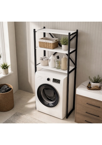 Braga Metal 3 Çamaşır Makinesi Üstü Düzenleyici Raf Beyaz Banyo Düzenleyici Dolap Siyah - Beyaz