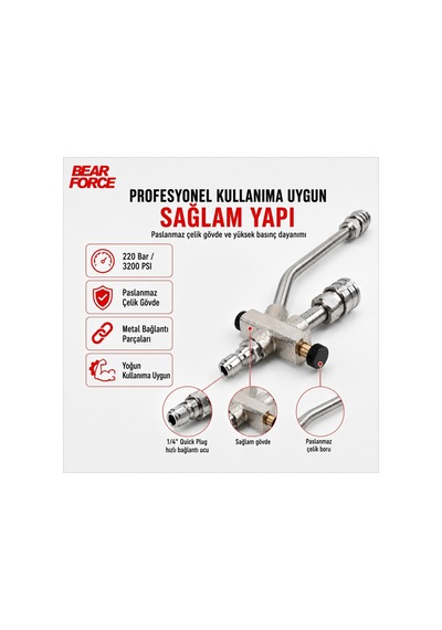 Robeve Bear Force Kısa Basınçlı Yıkama Tabancası Çiftleme Başlığı 1/4 Quick Plug Hızlı Bağlantı Köpük Aparatı Ve Durulama Geçiş Vanası Paslanmaz Çelik 220 Bar / 3200 Psı Basınç Dayanımı
