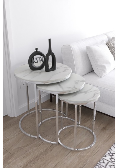 Usta Mekan Gümüş Metal Beyaz Mermer Desen Mdf Tabla Zigon Sehpa Gümüş Beyaz Mermer