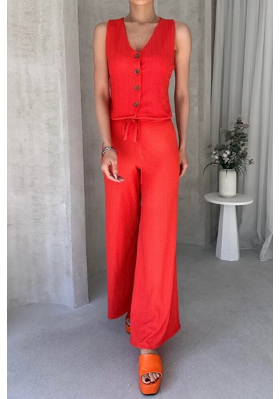 Kienor Nido Moda Yeni Sezon Kadın Yüksek Bel Rahat Pantolonlu Kolsuz Yel Turuncu