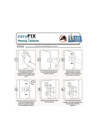 Saç Kurutmalık Askısı Paslanmaz Easyfix Yapışkanlı Siyah Siyah