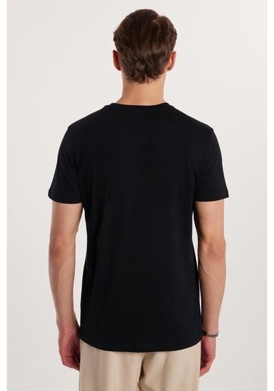 Tudors Erkek Slim Fit Dar Kesim %100 Pamuk Yumuşak Dokulu Baskılı Siyah Bisiklet Yaka Tişört-33134 Siyah