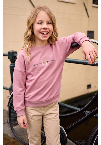 Fullamoda Ayıcık Baskılı Oversize Kız Çocuk Sweatshirt Gül Rengi