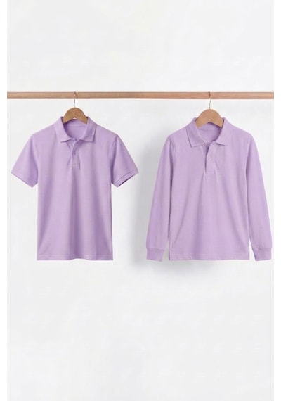 Nacar Store Unisex Çocuk Uzun Ve Kısa Kollu Polo Yaka Okul Tişörtü 2'li Set Lila