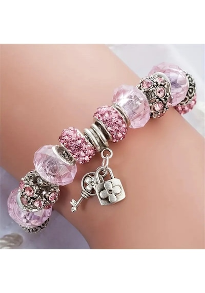 Pembe Kristal Taşlı Çiçek Charmlı Bileklik Gümüş