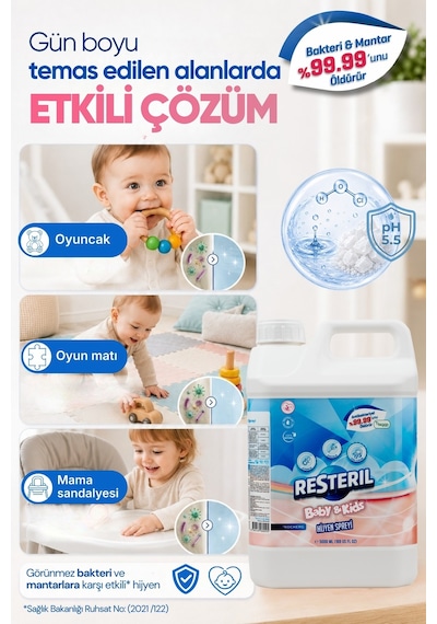 Resteril Bebek Dezenfektanı Çok Amaçlı Dezenfektan Saf Hipokloröz Baby Kids Anaokulu Okul Oyun Alanı Oyun Matı Oyuncak Hijyeni 2 x 5 L
