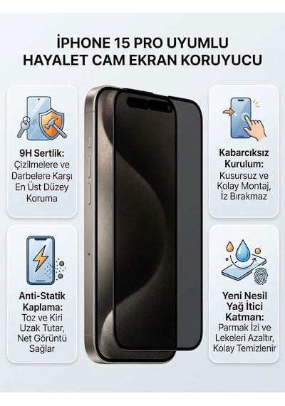 Apple Iphone 15 Pro Ekran Koruyucu Hayalet Cam
