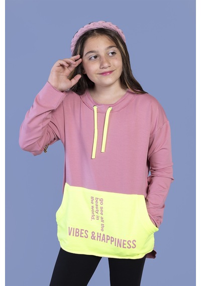 Toontoy Kız Çocuk Kanguru Cepli Baskılı Sweatshirt Turuncu