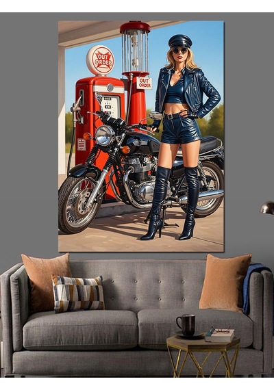 Motosikletli Pin-up Sarışın Kadın Dekoratif Kanvas - Mdf Ahşap Tablo