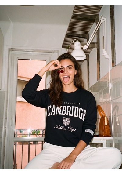 Onloox Kadın Siyah Siyah Pamuklu Bisiklet Yaka Üç İplik Şardonlu Basic Baskılı Sweatshirt