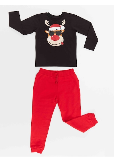 Denokids Yılbaşı Geyik Erkek Çocuk T-shirt Pantolon Takım Renkli Çok Renkli