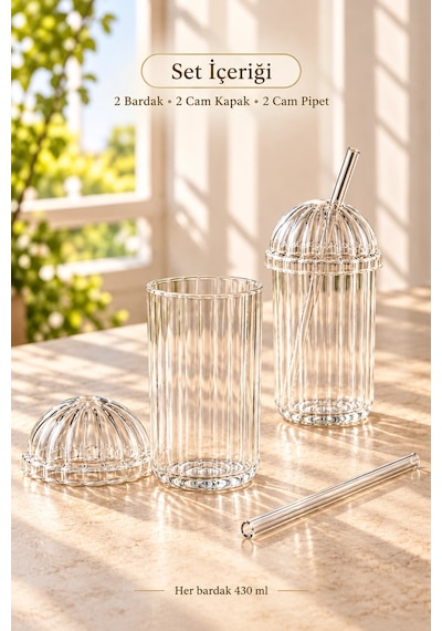 Tilbe Home 2'li Kubbe Kapaklı Pipetli Bardak İskandinav Kahve Sunum Bardağı 430ml Set