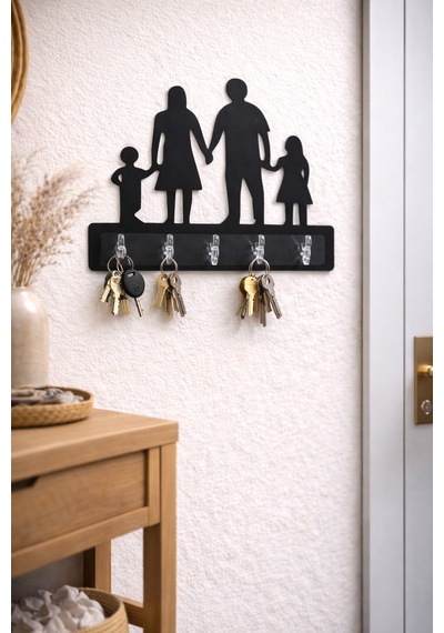 Aile Figürlü Dekoratif Duvar Askılığı 6 Kancalı Mdf Anahtarlık Ve Askı 38 X 30 Cm Siyah Siyah
