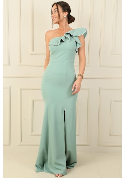 By Saygı Tek Omuz Şerit Taşlı Eteği Yırtmaçlı Astarlı Uzun Krep Abiye Elbise-38350-mint By Saygı Tek Omuz Şerit Taşlı Eteği Yırtmaçlı Astarlı Uzun Krep Abiye Elbise-38350-mint