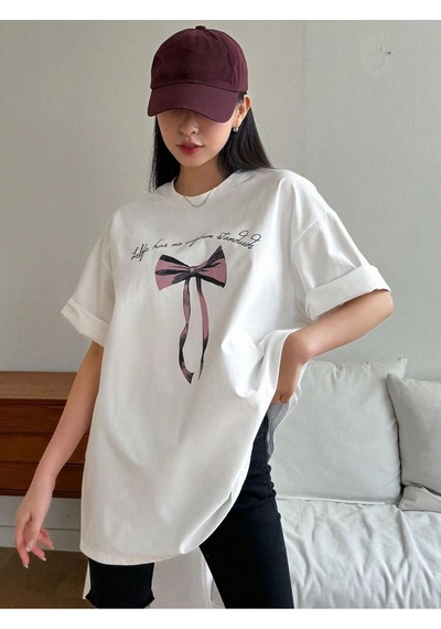 Flood Of Style Kadın Beyaz Kurdele Baskılı Oversize