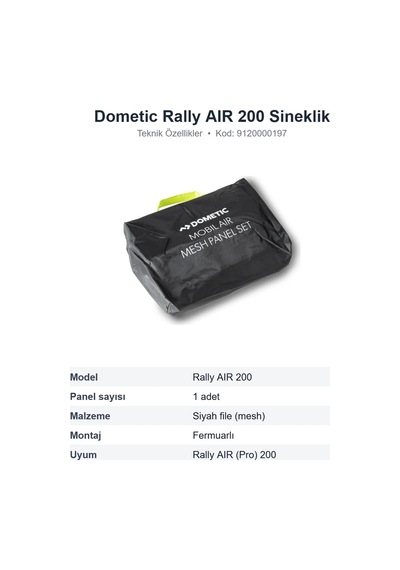 Dometic Rally Aır 200 Şişme Ön Çadır Sineklik Paneli, Tek Parça 9120000197