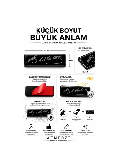Atatürk Damla Etiket 3d Reçine Logo Sticker Oto Araç İçi Dekoratif Aksesuar 6x1,5 Cm