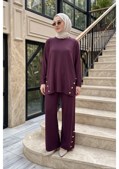 NUSS Düğme Detaylı Tunik Ve Pantolon Triko Takım 706 Bordo